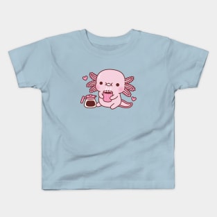 Cute Axolotl Loves Hot Coffee Kids T-Shirt